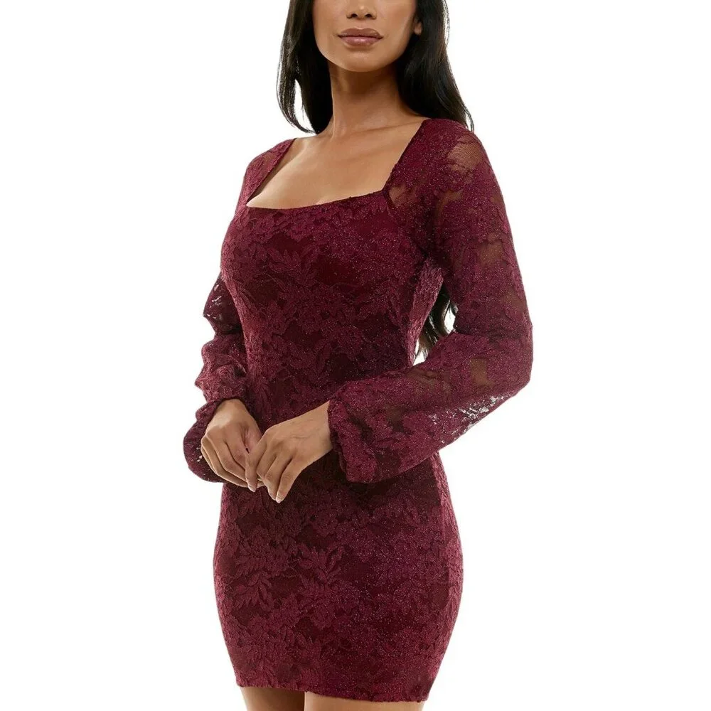 NWT Emerald Sundae Glitter Lace Bodycon Open Back Mini Dress Dark Red 2XS